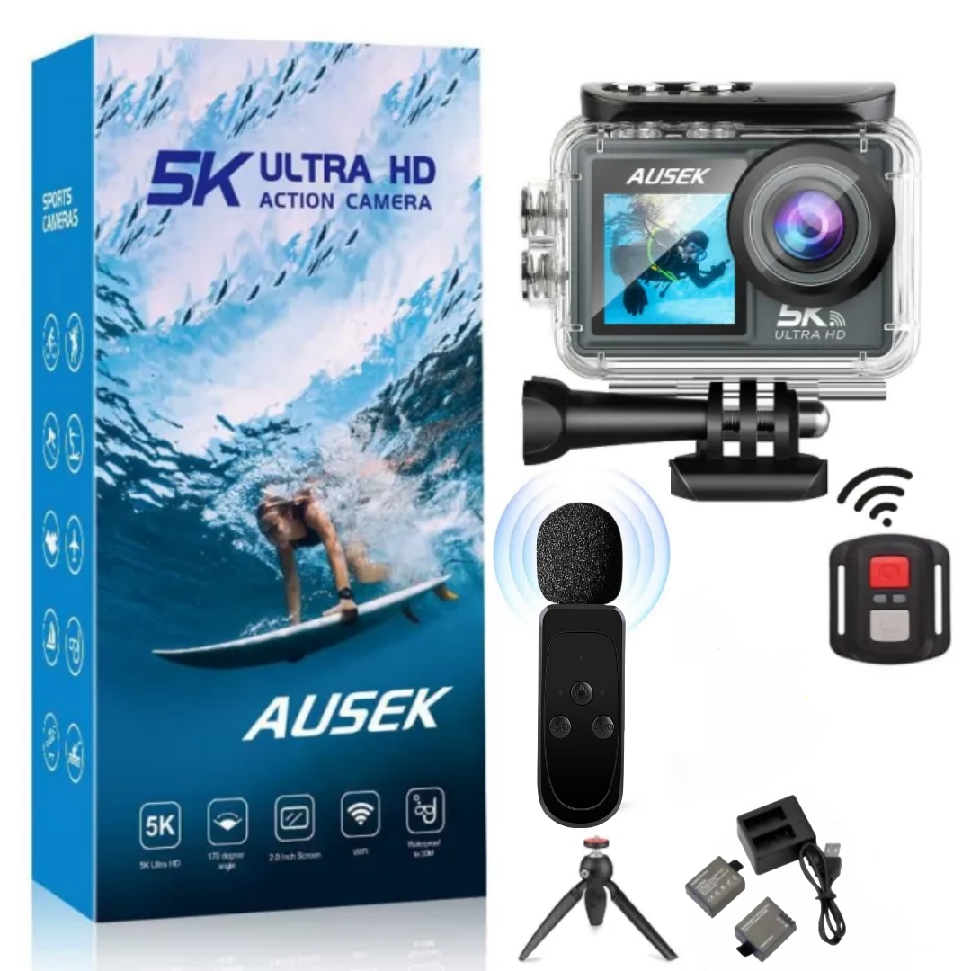 Ausek AT-M40R 5K Ultra HD Dual Screen 5K/4K Waterproof Action Camera Wireless Microphone Supported With Remote and Mic