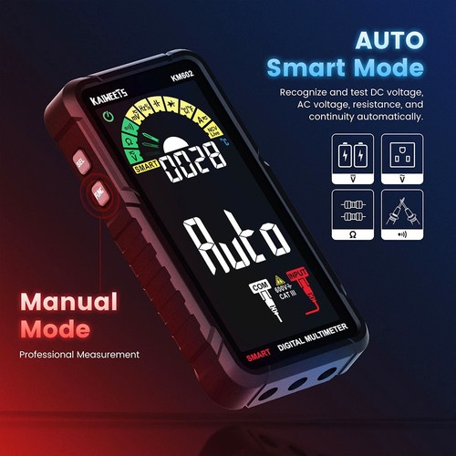 KAIWEETS KM602 Digital Multimeter 6000 Counts True-RMS Meter Smart Mode Manual Mode 1200mAh Rechargeable Battery Flashlight Auto-Lock - Black. 