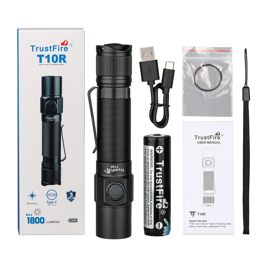 Trustfire T10R Army Tactical Flashlight 1800Lumen Powerful Type C USB Rechargeable 18650 LED Rechargeable Military Tactical Lamp. 