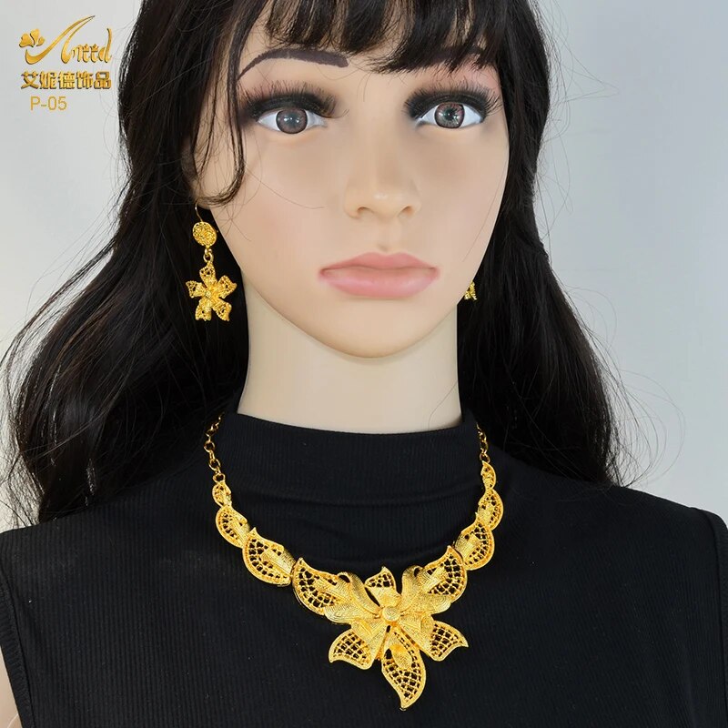 Indian Gold Plated Jewelry Set For Women African Bridal 24K Gold Color Necklace Earrings Set Dubai Nigerian Wedding Wholesale. 