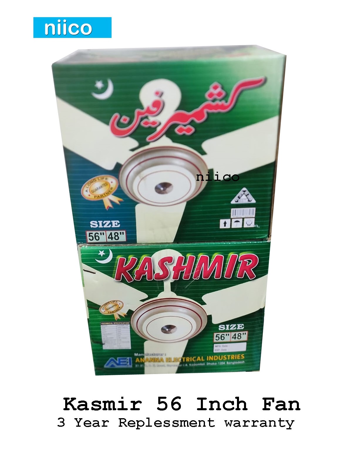 Kashmir Heavy Duty Exclusive 56" Ceiling Fan: 03 Blades - 3 Year Repless Warranty. 