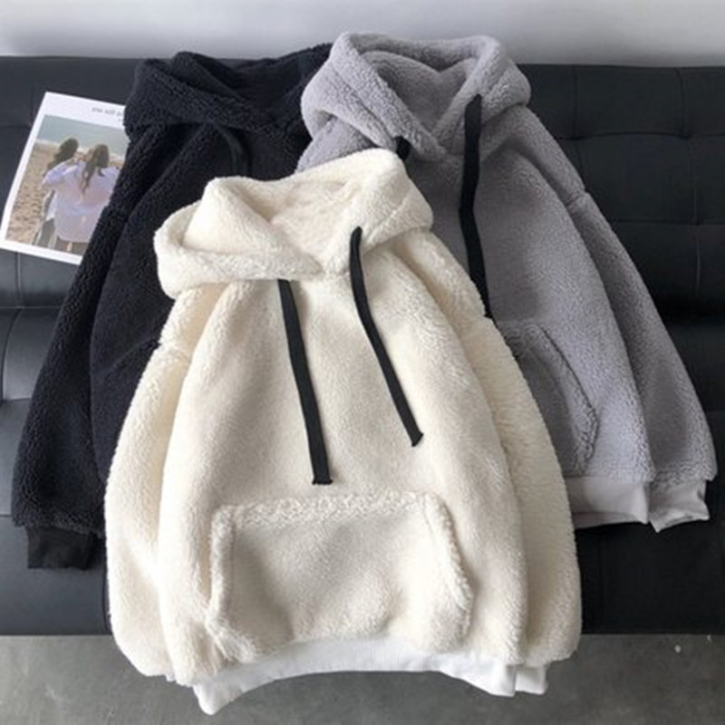 Lamb wool hoodie for women in autumn and winter, Korean version of ins, waitmore trendy hoodie, plush, thickened, loose coat, clothes on top