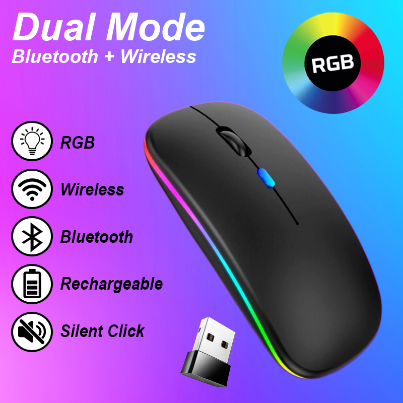 Wireless Mouse M2 Dual Mode BLUETOOTH + WIRELESS Rechargeable RGB Backlit Lighting Mouse Slim Design Compact Size Portable
