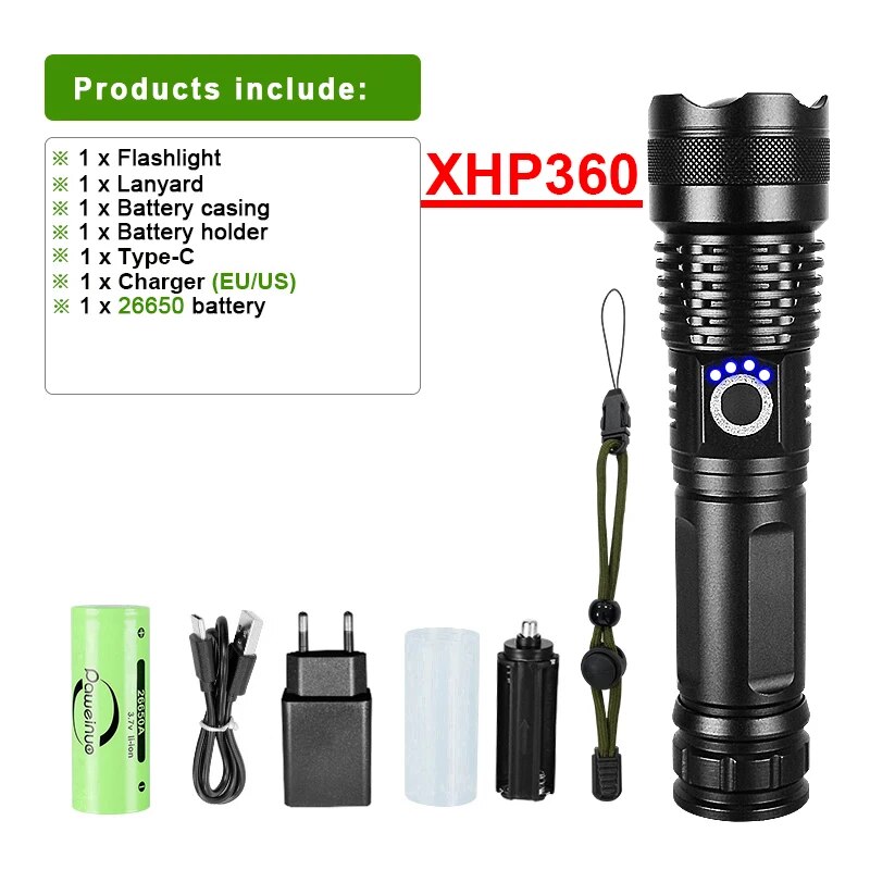 XHP360 Led Flashlight 18650 Rechargeable Torch 5000mAh XHP50 Tactical Flashlight With Usb Charging Waterproof Lantern Work Light. 