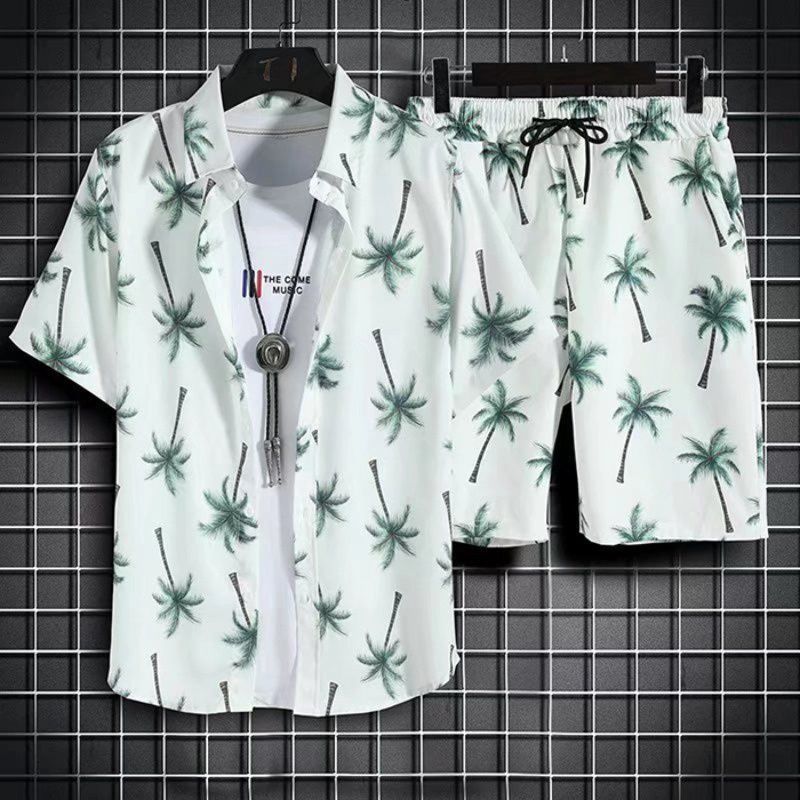 Hawaiian Style Beach Pants Men's Loose Quick-Dry Casual Suit Printed Shirt Shorts Couple plus Size Set. 