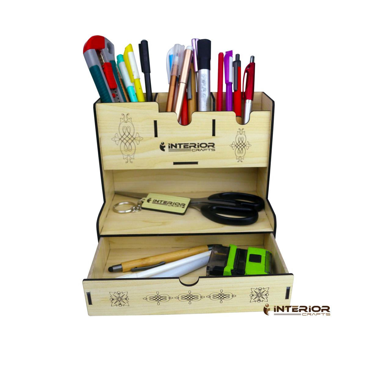 Wooden Desk Organizer, Big Multi-Functional Desktop Pencil Holder Box Storage Rack with Drawer - Easy Assembly - Home Office School INTE-3487