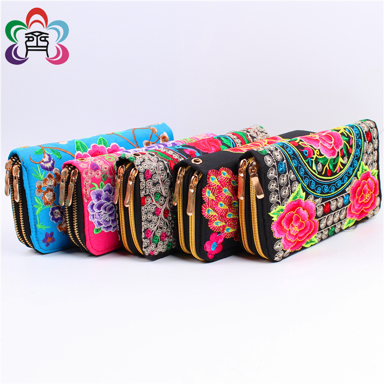 Yunnan ethnic style embroidery coin purse ladies embroidery double zipper wallet mobile phone bag manufacturers wholesale