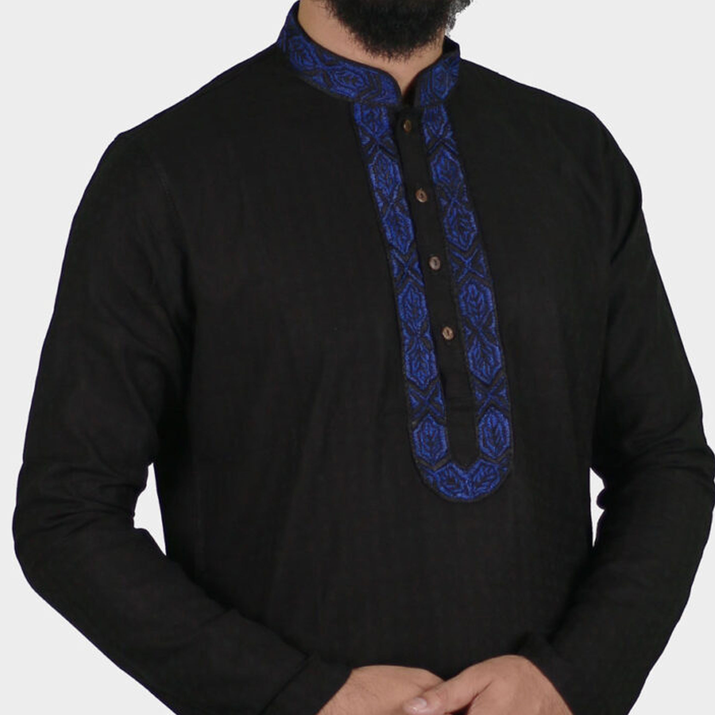 LeeWear men's embroidered design Punjabi kurta Imported Machine weave cotton fabrics Mandarin Collar Straight shape with regular style Short button placket Two side pockets Long regular sleeves PN21118. 