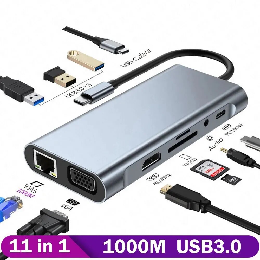 MZX 11-in-1 Docking Station USB Hub Tipo C Type A Extension Dock To HDMI-compatible VGA Ethernet for Macbook Laptop Notebook PC. 