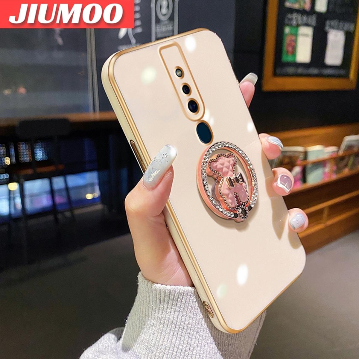 JIUMOO For OPPO F11 Pro Case Flash Drill Metal Rotate support Side Design Phone Case Square Edge PlatingSilicone soft Casing Full Cover Camera Shockproof Protection Cases