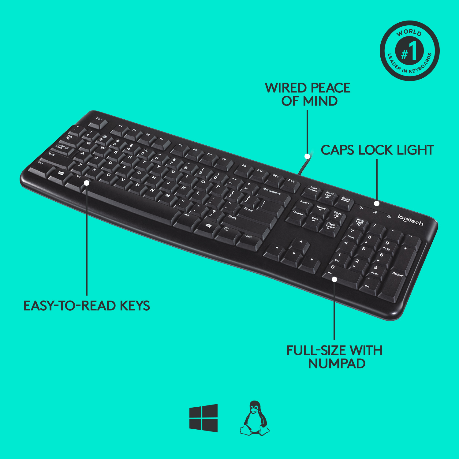 Logitech K120 Wired Keyboard for Windows, USB Plug-and-Play, Full-Size, Spill Resistant, Curved Space Bar PC/Laptop - Black - Keyboard - Keyboard. 