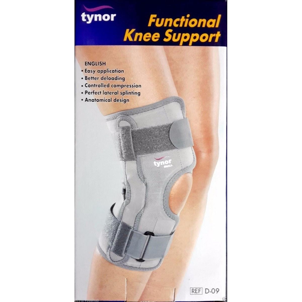 Tynor Functional Knee Support D-09, Controlled compression, Rigid lateral support and Immobilization - Small size. 