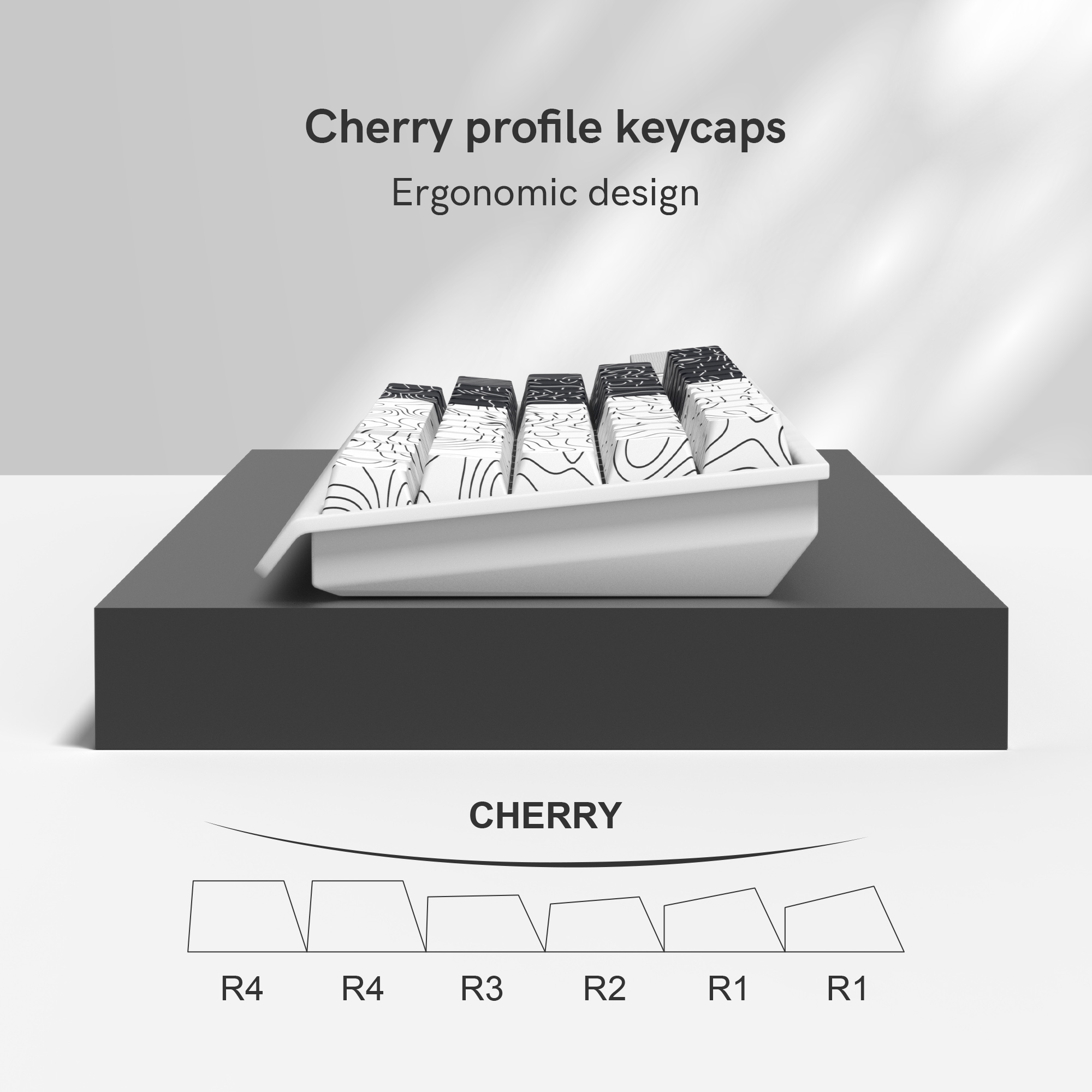136 Keys Black White Topographic Side Print 5 Side Dye-Sub PBT Keycap Backlit Cherry Profile Key Cap For Mechanical Keyboard. 