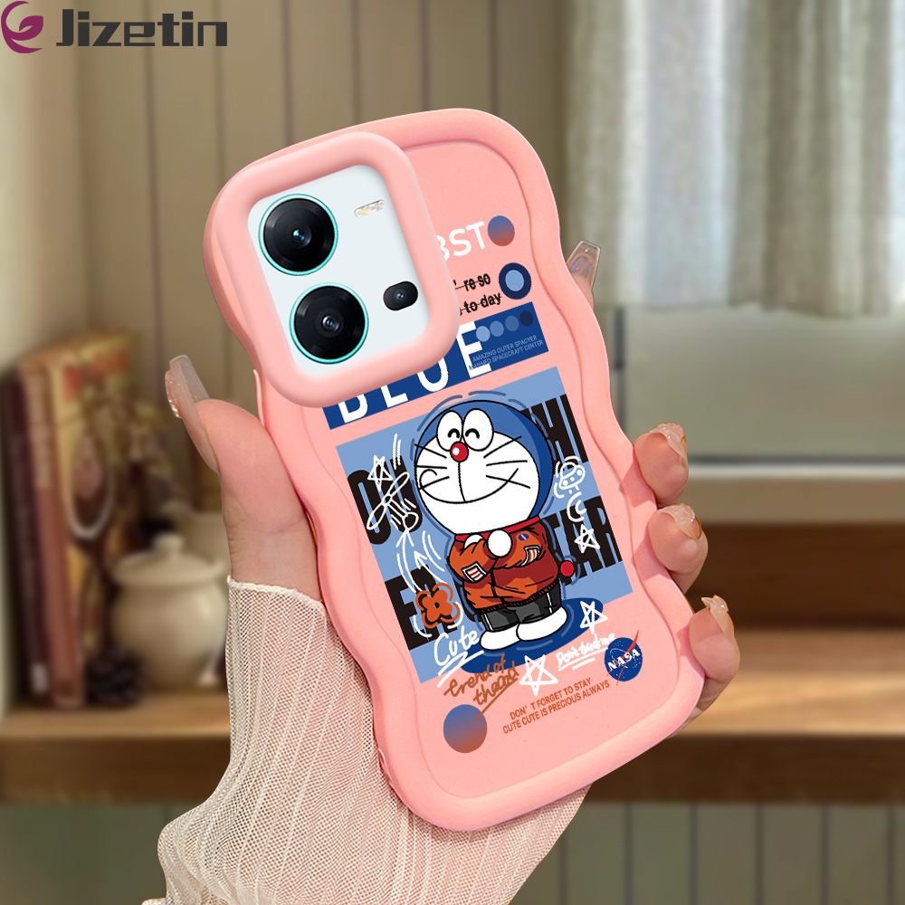 Jizetin for Vivo V25 5G V25E Back Cover Blue Robot Cat Macaron Bright Color Wavy Shape Soft Mobile Phone Cases