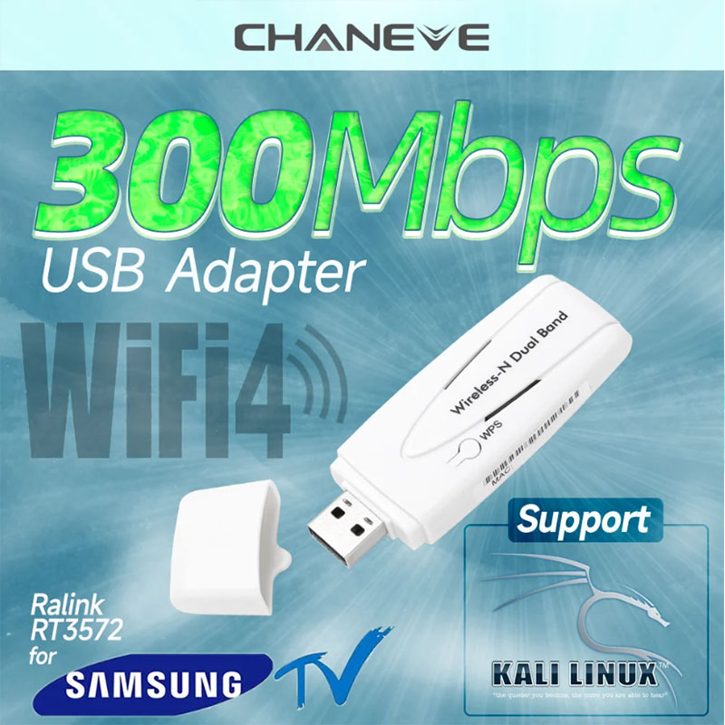 Using RT3572 chipset 300M wireless LAN adapter dual-band wireless card WiFi adapter Dongle For Kali Linux 2019 and Samsung TV. 