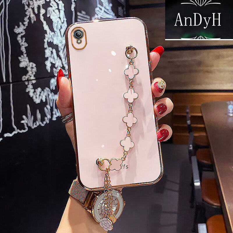 AnDyH Straight Edge Plating Phone case For Vivo Y1S Y91C casing,Precise Camera Protection cases Cute girl style cover with Four leaf clover bracelet
