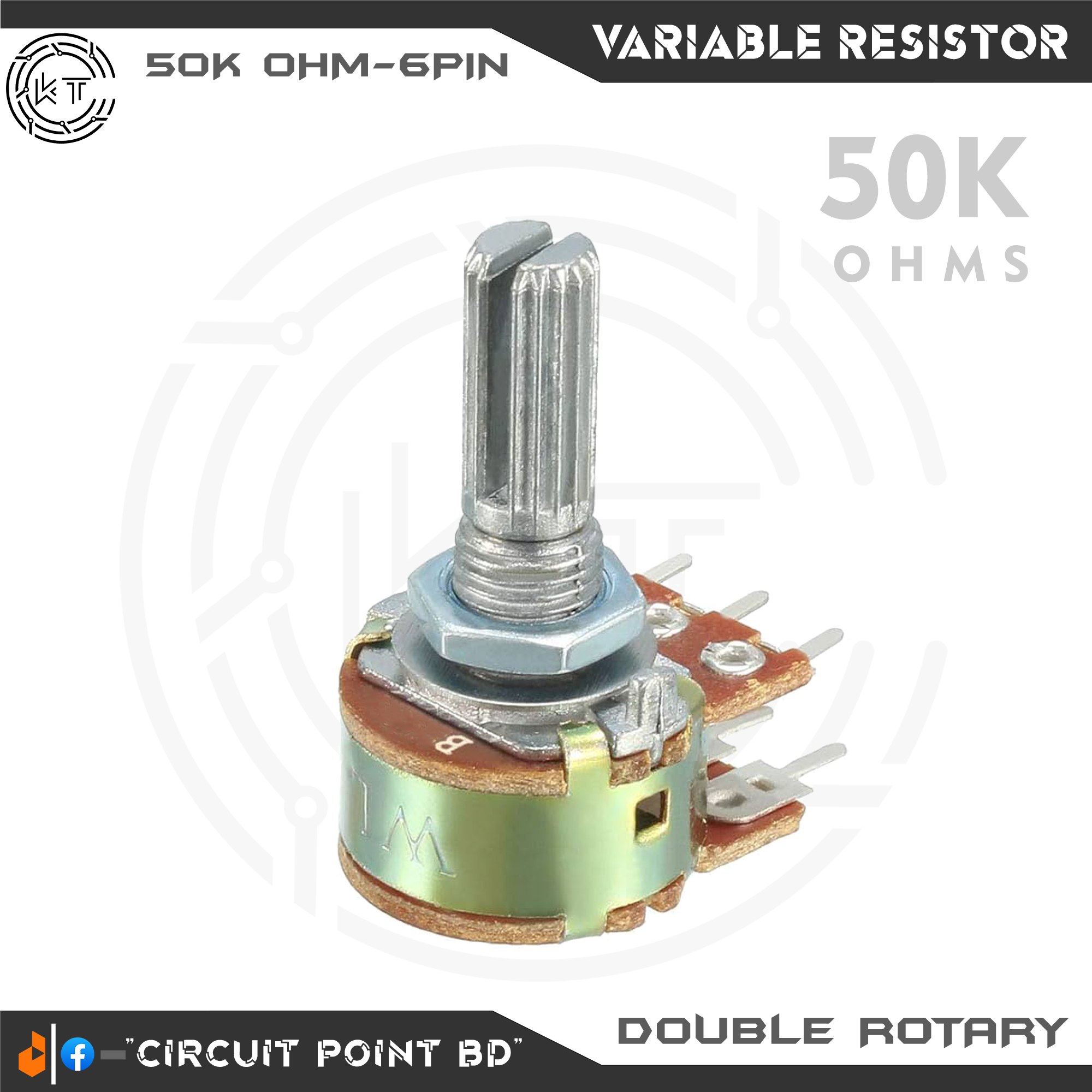 50K Ohm 2Pcs Pack Double Layer Variable Resistor / Potentiometer 6 Pin Dual Gang Linear Taper, Rotary, Adjustable Variable Resistor / Potentiometer For Electric & Electronics.. 
