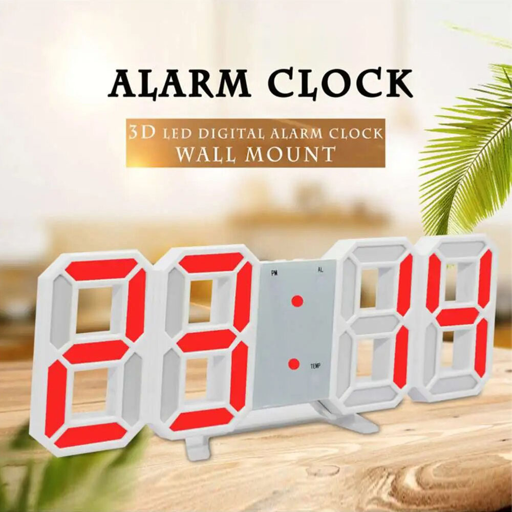 ?3D Wall Clock Digital Alarm Modern Kitchen Electronic Smart USB Power Supply LED Time Date Temperature Display Desktop Bedroom