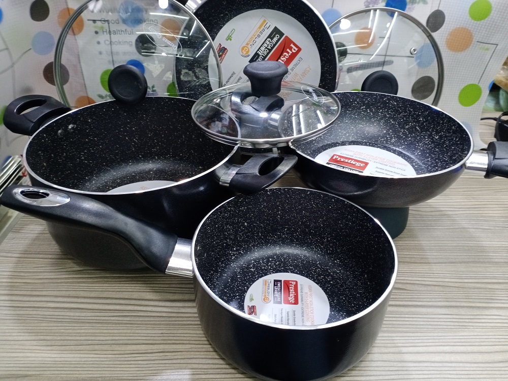 Prestige Omega Granite (Set of 7 Pieces with Sos Pan, korai, fry pan, milk pan ) Induction Bottom Cookware Set (Aluminium, 7 - Piece). 