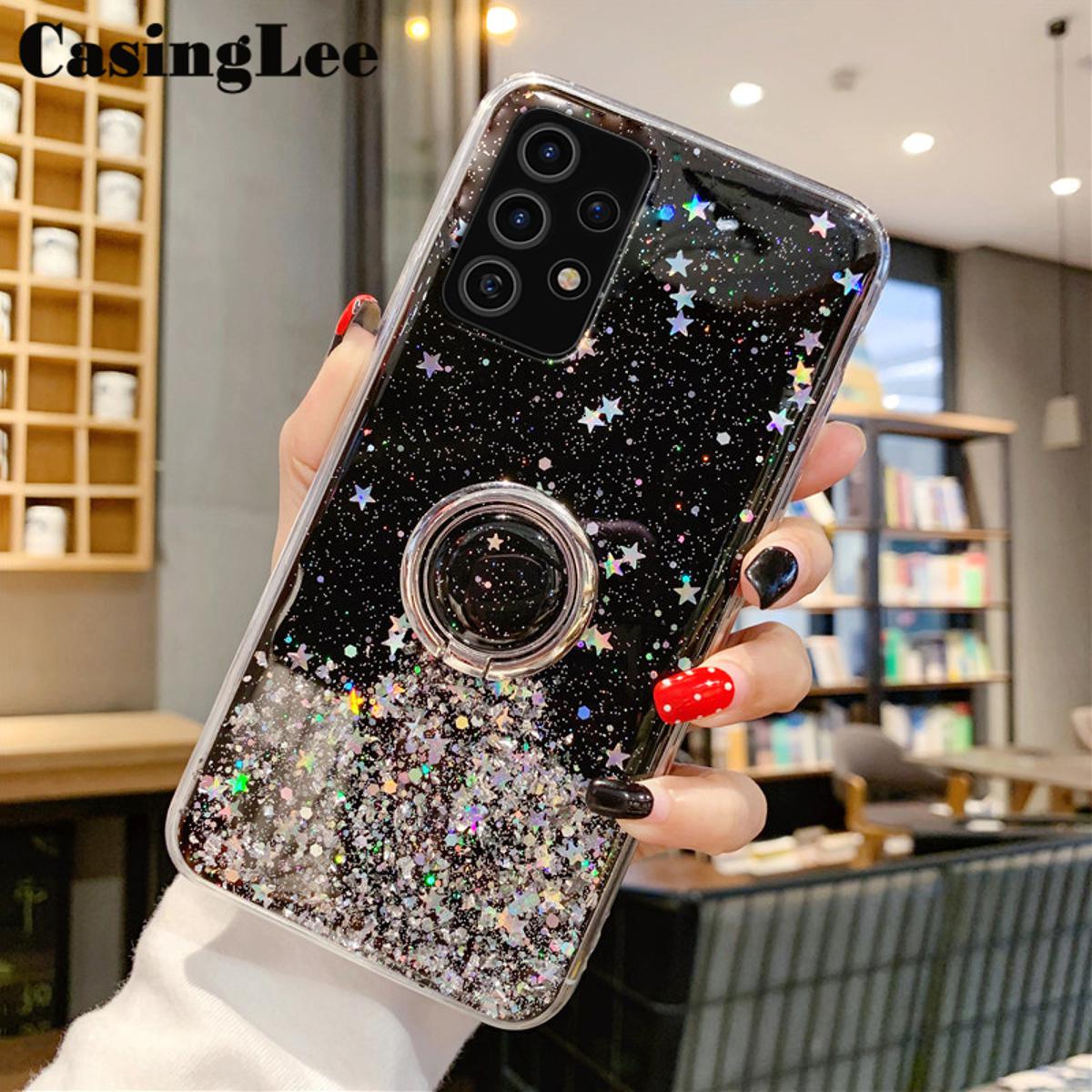 Casinglee for Galaxy A53 5G case Shiny Ring Glitter Soft Transparent Holder Stand Back cover with String for Samsung A53 5G Phone cases cover Stars Moon Girls