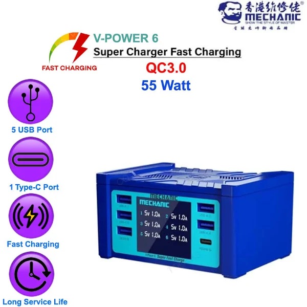 Mechanic V-power 6 super fast charger 55W Multiple interfaces fast charging for ipad mobile phones smart watches Charger for Mobile Phone Tablets Smart Watches QC 3.0 PD Quick Charging Tool. 