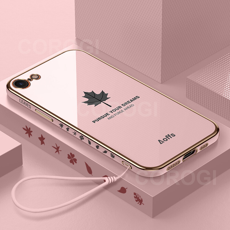 For iPhone 8 / iPhone 7 Back Cover + Wrist Strap Fashion Shiny Maple leaf Plating Square Bumper Phone Case Soft TPU Silicone Shockproof Protective Cover. 