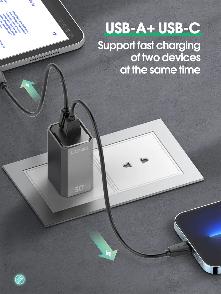 LDNIO 30W PD3.0 usb-c+USB-A fast wall Charger whit Type-C Cable A2527C - Black. 