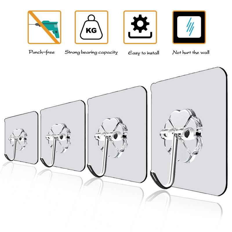 Transparent Stainless Steel Strong Self Adhesive Hooks Key Storage Hanger for Kitchen Bathroom Door Wall Multi-Function