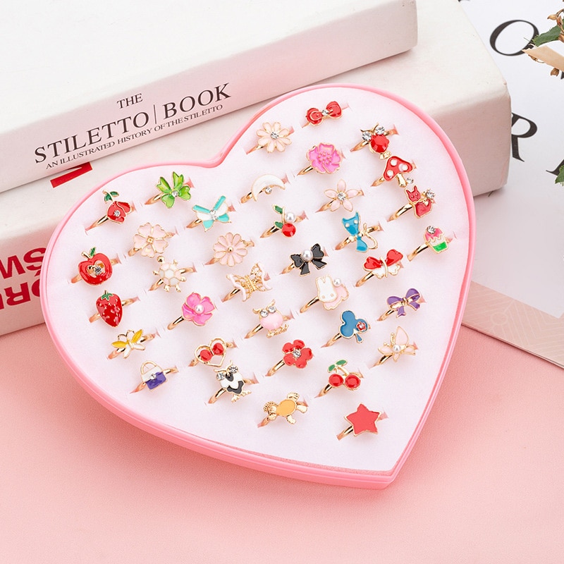 36pcs/box Cute Cartoon Kids Rings Korean Animal Flower Adjustable Child Girls Finger Rings Children Kawaii Sweet Gifts