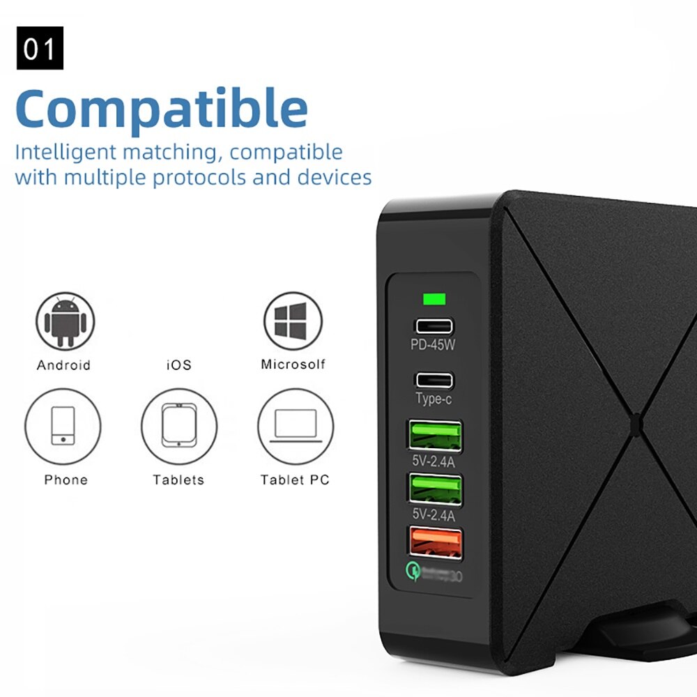 75W 5 Port USB C PD Charger Quick Charge Type C Wireless Fast Charging Travel Power Adapter with Desktop For Iphone Samsung. 