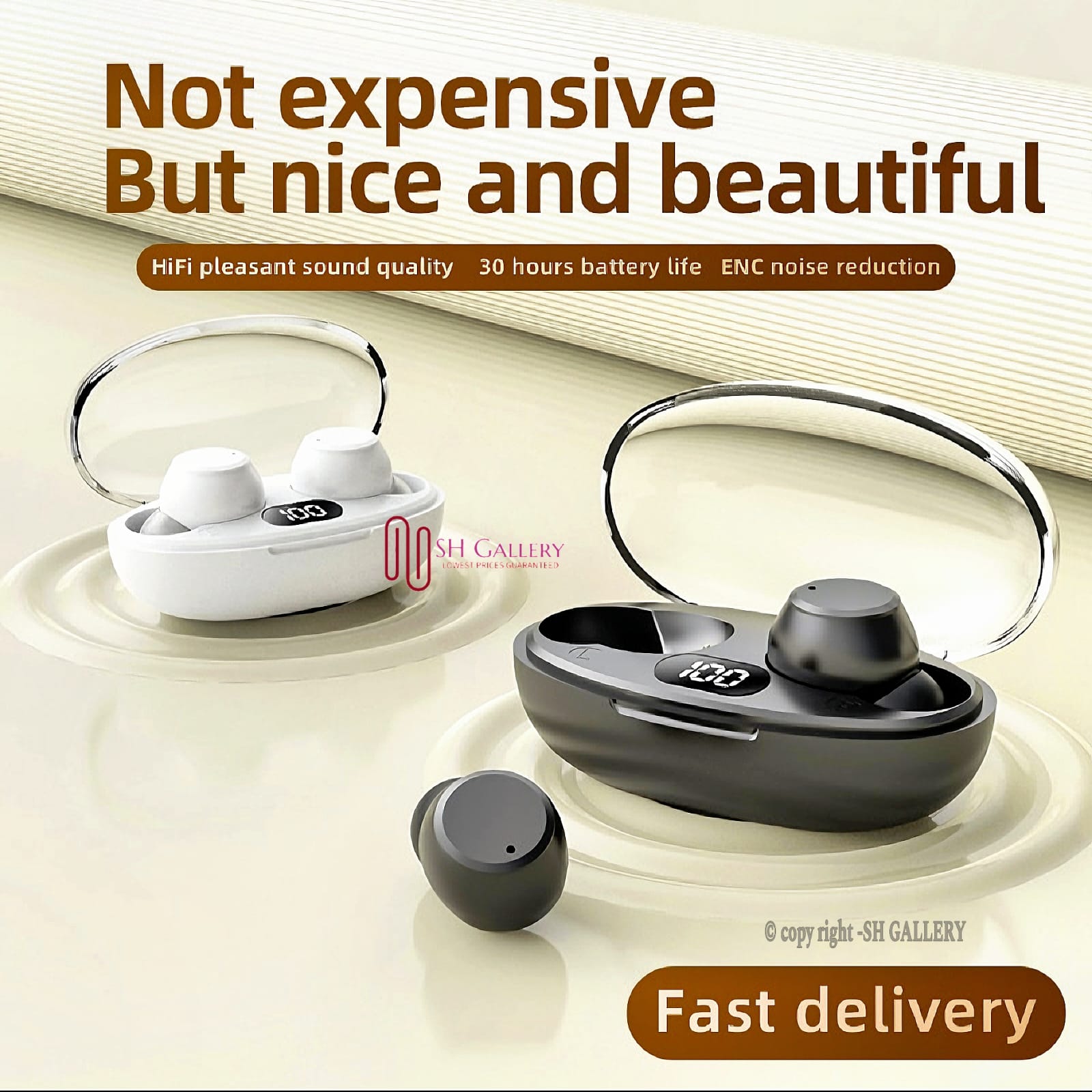 Mobicom TWS-T30 High-quality Bluetooth earbuds with 13mm large dynamic coil and led digital display - deep bass. 