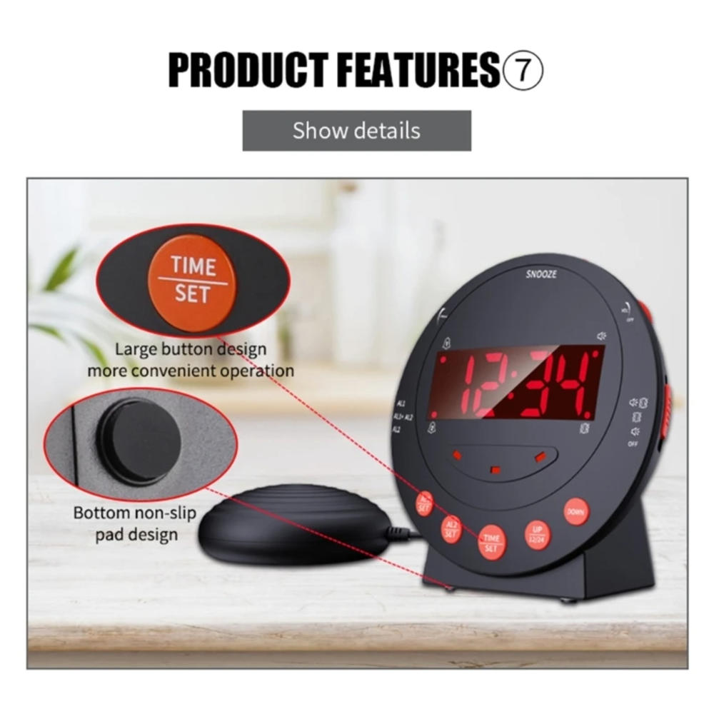 Bedroom Clock Alarm Clock Intense Vibration Super Loud USB Charging Bed Shaker Digital Large Display LED Display for Heavy Sleepers Home Use Wake-up Aid Management Auditory Impaired. 