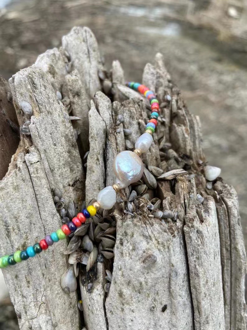 European and American hot-selling jewelry Bohemian colorful mixed color rice beads handmade pearl pendant single layer anklet