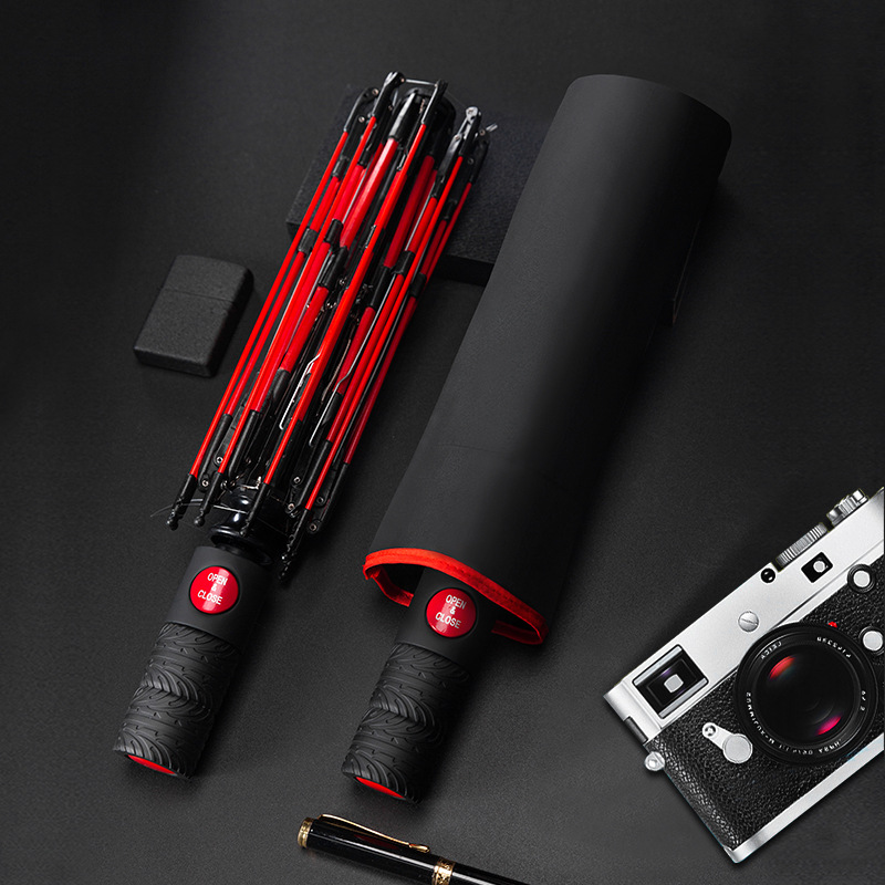 Anti-Storm Sun Self-Opening Umbrella Tri-Fold Red Fiber Automatic Umbrella Men's Parasol