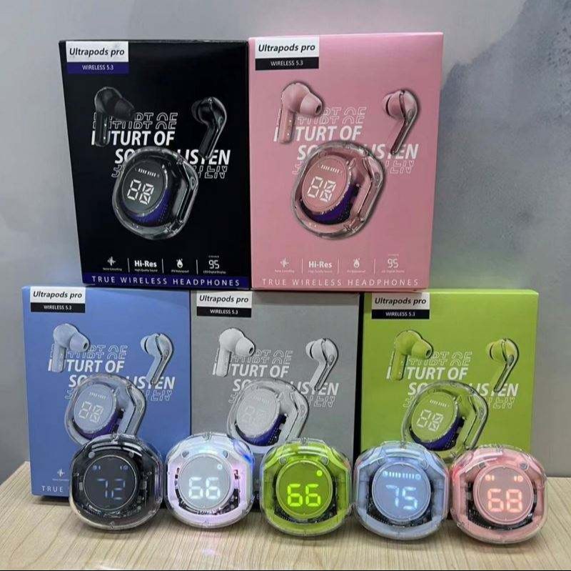 Ultrapods Pro True Wireless Earbuds with Display Transparent Design, Bluetooth 5.3 Auto Connection, Touch Control & Wireless charging Headset with Charging Case & Cab Long Life Battery in-Ear Bluetooth Headset  By Exotic