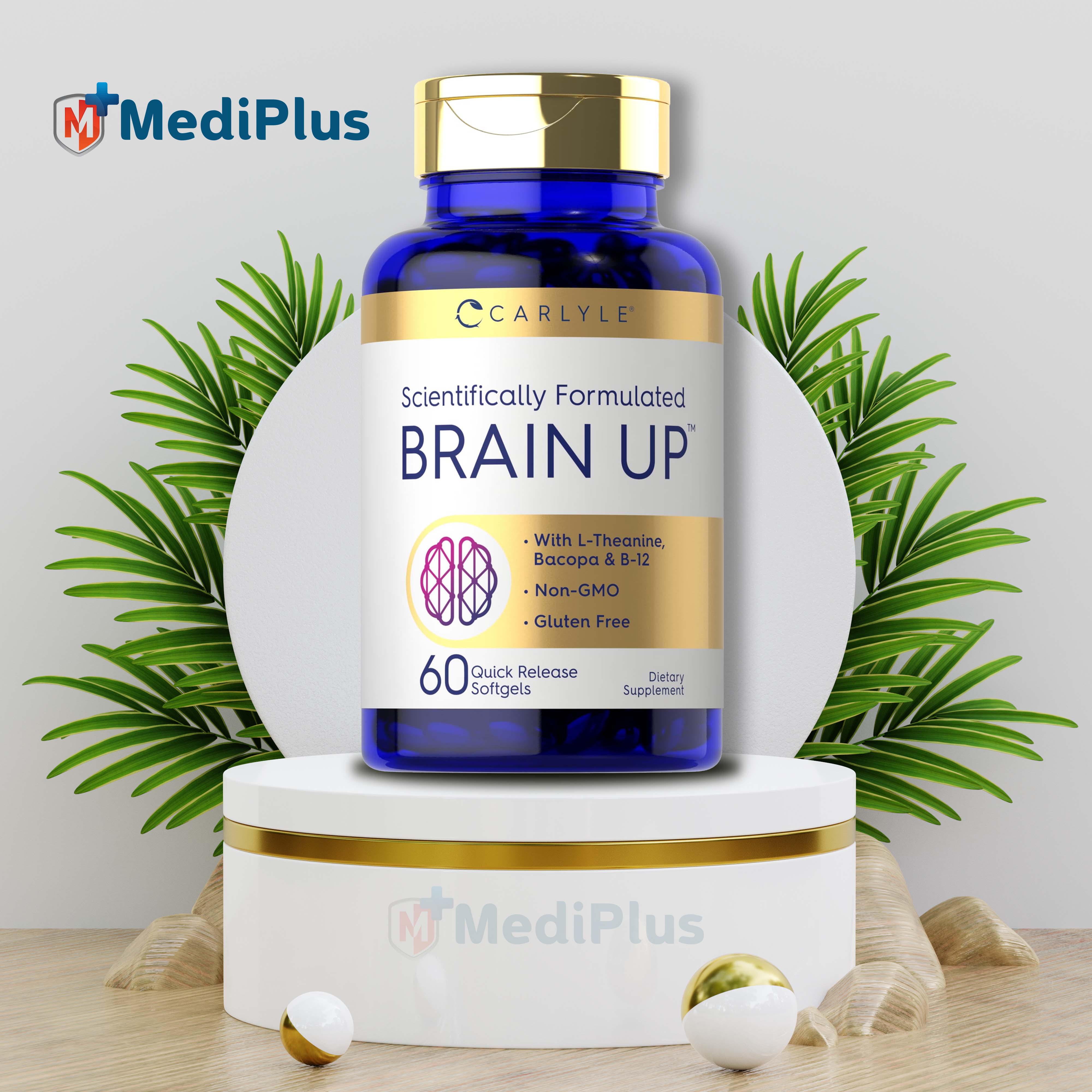 Carlyle Brain Up Supplement | 60 Softgels | with L-Theanine, Bacopa & B-12 | Non-GMO, Gluten Free