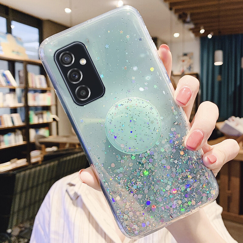 For Samsung Galaxy M13 Case Glitter Bling Soft Stars Moon Sequins Folding Bracket Transparent for Cases Samsung M13 Back Cover Casing. 