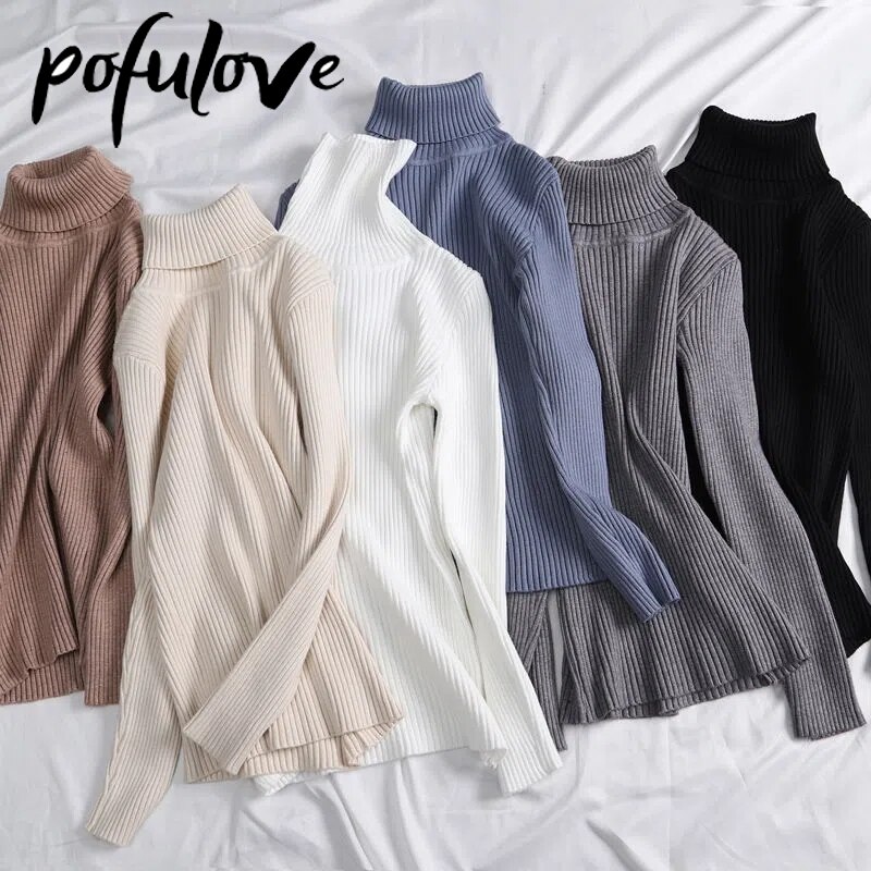 Turtleneck Sweater Women's Slim Pullover Top Black Knit Sweater Basic Knitwear Solid Color Jumper Sweater Autumn and Winter. 
