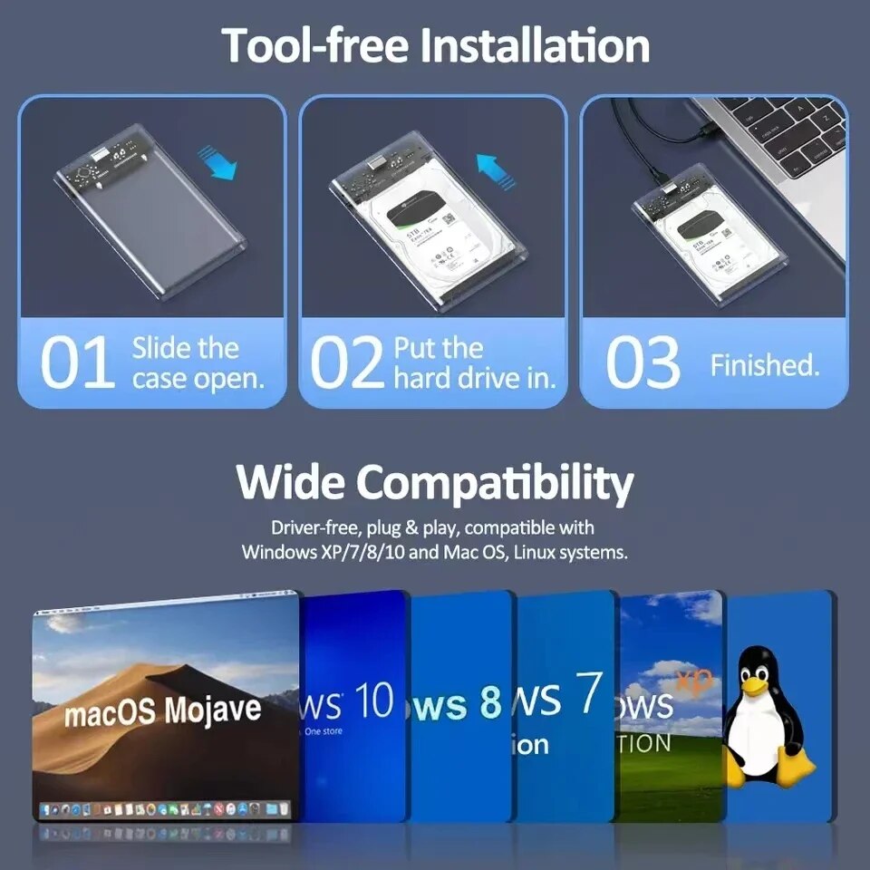 USB 3.0/Type C HDD Enclosure 2.5 inch SATA SSD External Hard Drive Case with 5Gbps Transfer Speed Clear Harddisk Boxs Tool-Free. 