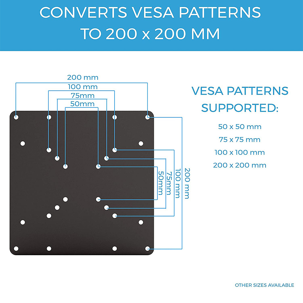 VESA Mount Adapter Plate for TV Mounts, Convert 75X75 and 100X100 to 200X200 mm VESA Patterns, VESA Conversion Plate. 