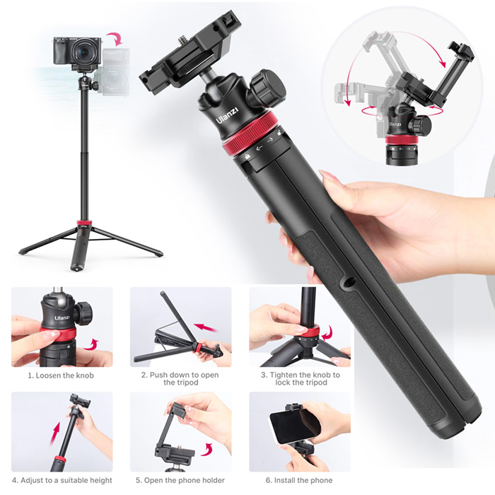 ULANZI MT-44 Extendable Tripod Selfie Stick Phone Holder Clip Vlog Mount For Smartphone DSLR Go Pro Cameras. 