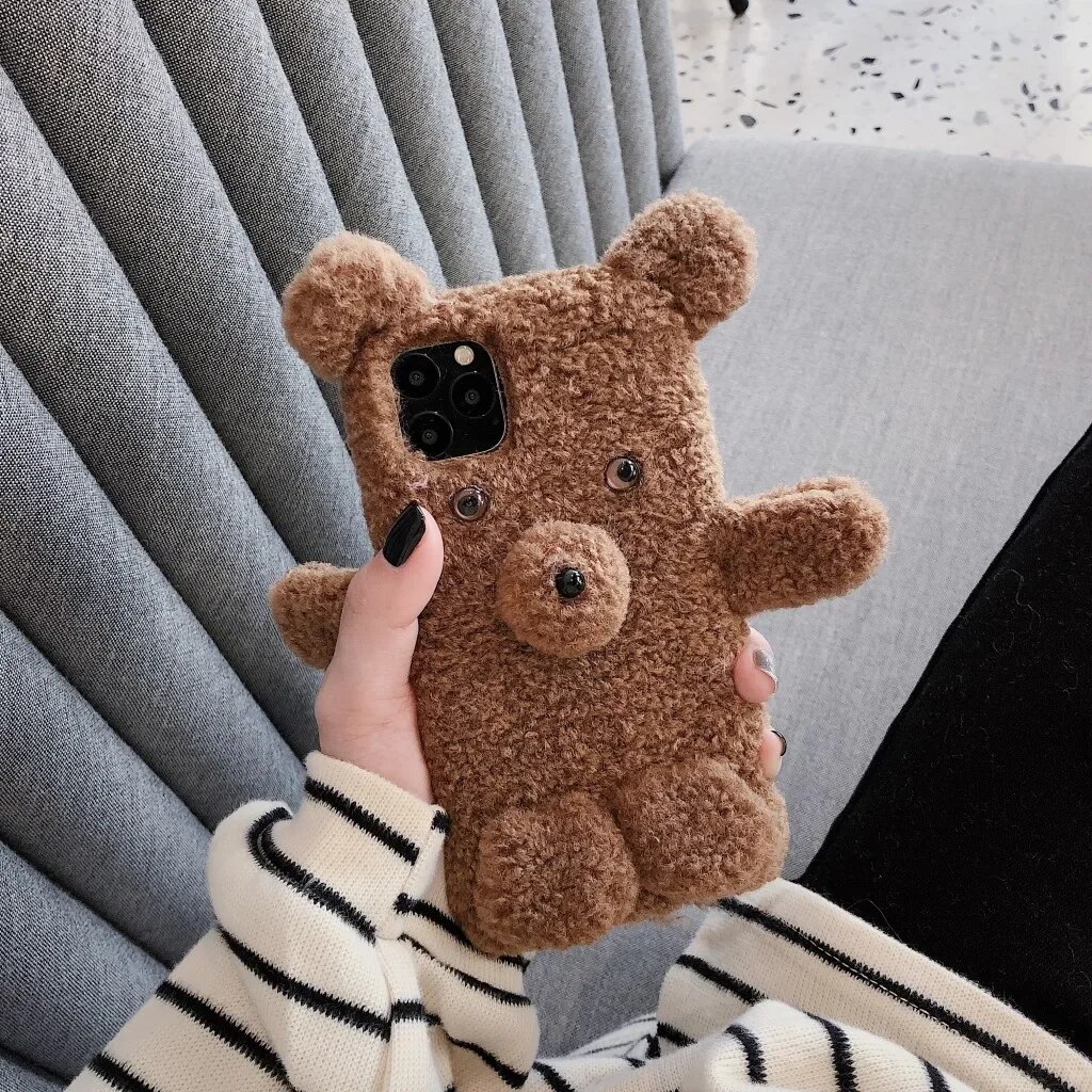 Soft Plush Phone Case For iPhone 11 12 13 14 Pro XR X Xs Max mini 7 8 6 6s Plus MAX 5 5S SE 3D Teddy bear Fur Back Cover. 