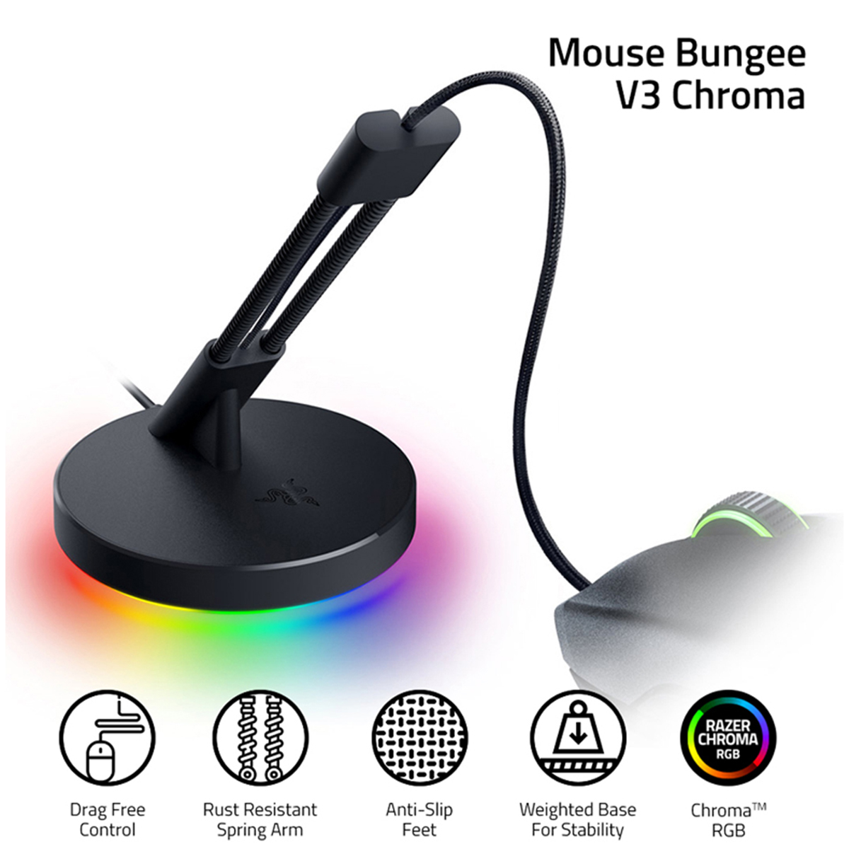Razer Mouse Bungee V3 Chroma with Razer Chroma RGB Light Strip Spring Arm Weighted Non-slip Base Mouse Cable Organizer