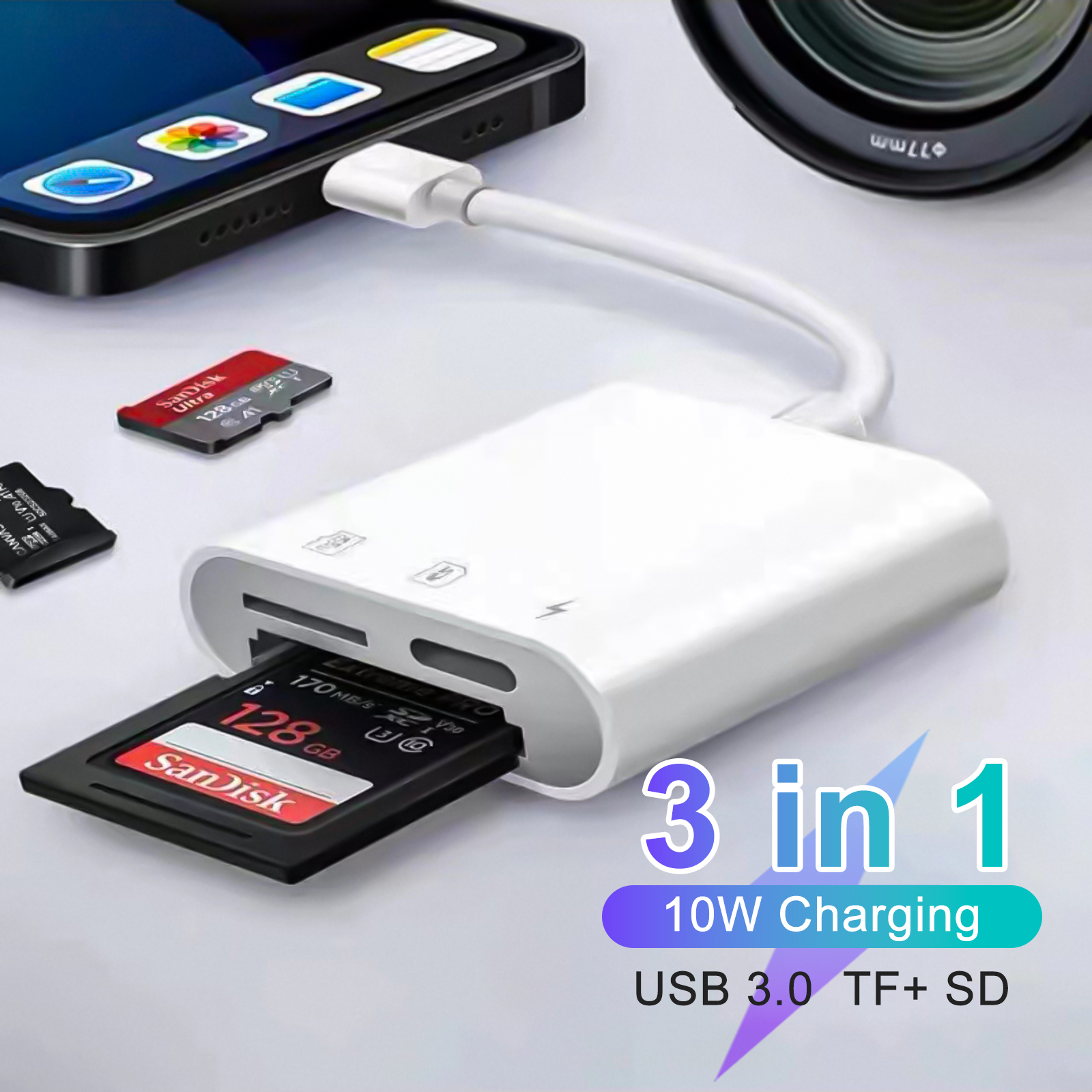 3 in1 SD Card Reader for iPhone Micro SD Card Reader Memory Card Reader Plug and Play Trail Camera SD Card Adapter
