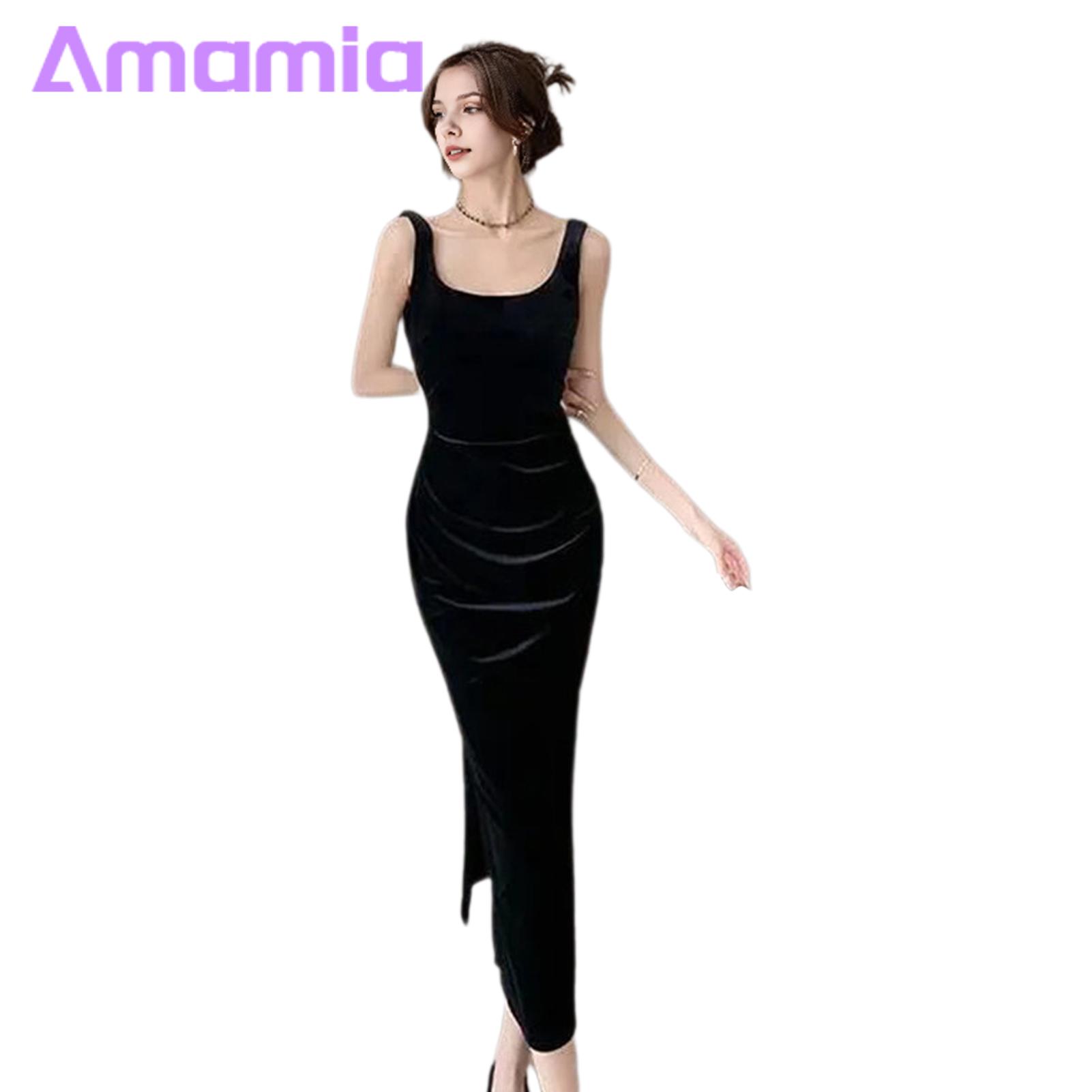 Women Velvet Dress Elegant Velvet Evening Dress for Women Sleeveless Slim Fit Backless Prom Cocktail Party Midi Dress with Split Hem U-shaped Neck Velvet Party Dress
