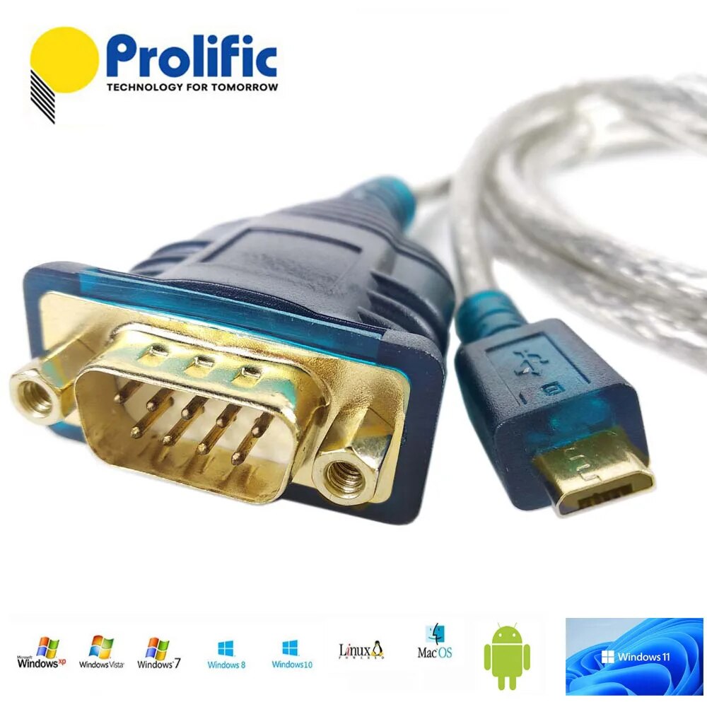 Prolific PL2303 DB9 to USB-A USB-B USB-C Micro USB RS232 Serial Cable for Tablet Laptop PLC to MCU CPU Control or Communication. 