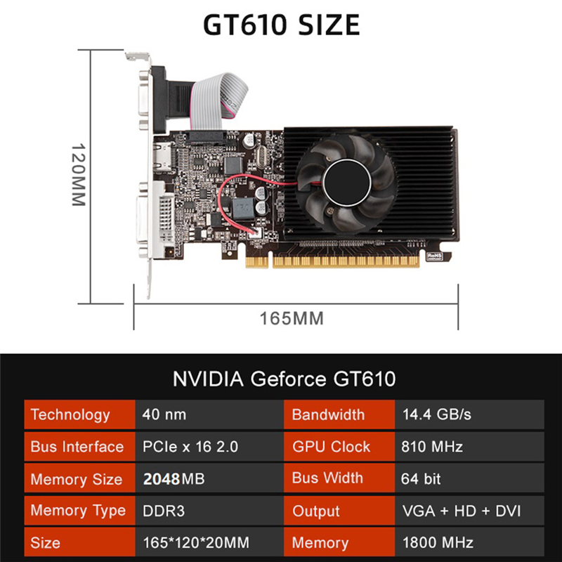 DDR3 True 2GB 810MHZ Computer Video Card PCI-E 16X HDMI-Compatible+VGA+DVI Low Noise for Desktop PC. 