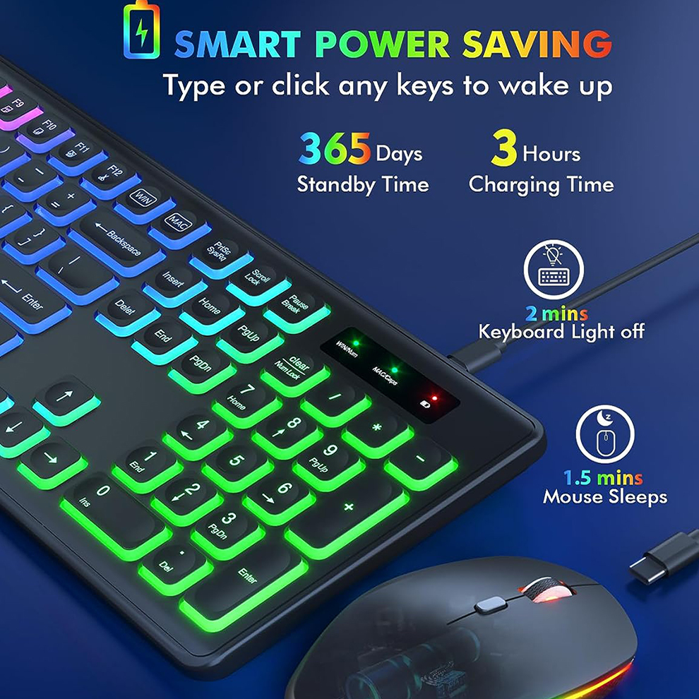 Wireless Keyboard and Mouse Combo RGB Backlit, Rechargeable Light Up Letters, Full-Size, Ergonomic, Sleep Mode, 2.4GHz. 