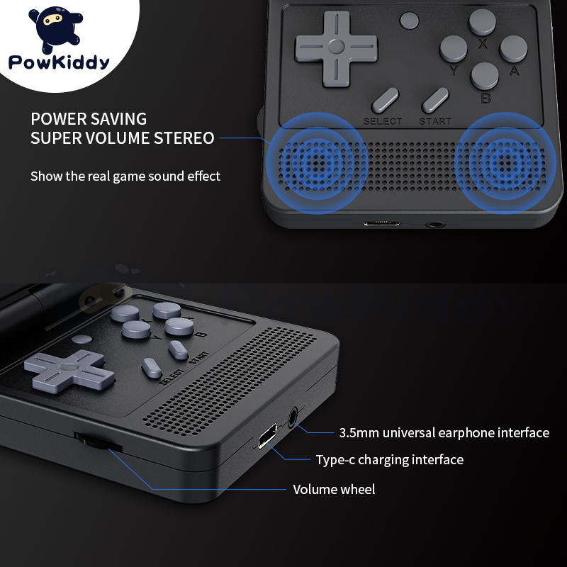 POWKIDDY v90 Black Version 3-Inch IPS Screen Flip Handheld Console Open System Game Console 16 s PS1 Children's gifts. 