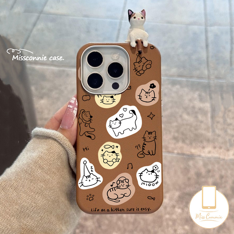Cartoon Stick Figure Cat Kitten Lovely 3D DIY Doll Cat Case Compatible for IPhone 16 11 12 15 14 13 Pro Max XR X 15 14 16 Plus XS Max Luxury Metal Lens Frame Leather Texture Case. 